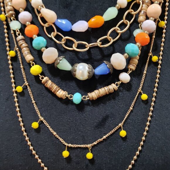 Plunder Multi Resin Layered Bead Gold Tone Boho Statement Necklace and Bracelet - Picture 4 of 11